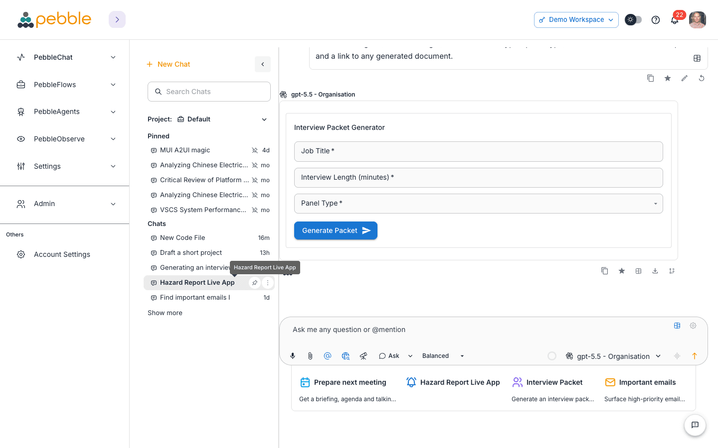 A dynamic form rendered live inside a PebbleChat response