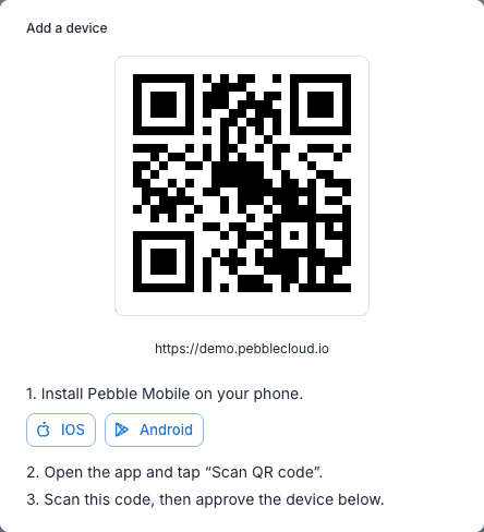 The Add a device dialog with QR code and install links