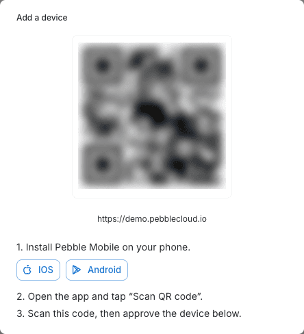The Add a device dialog with QR code and install links