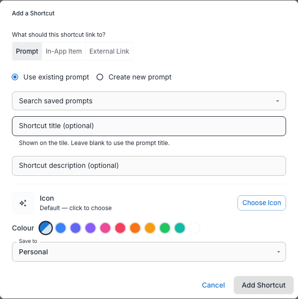 The Add a Shortcut dialog