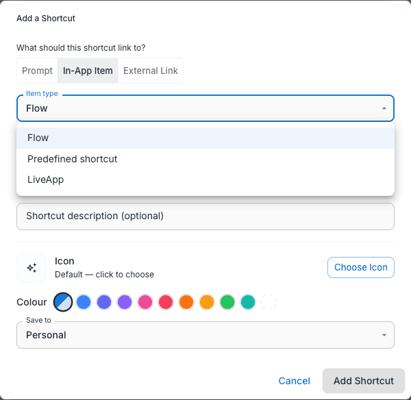 The Add a Shortcut dialog with the LiveApp item type