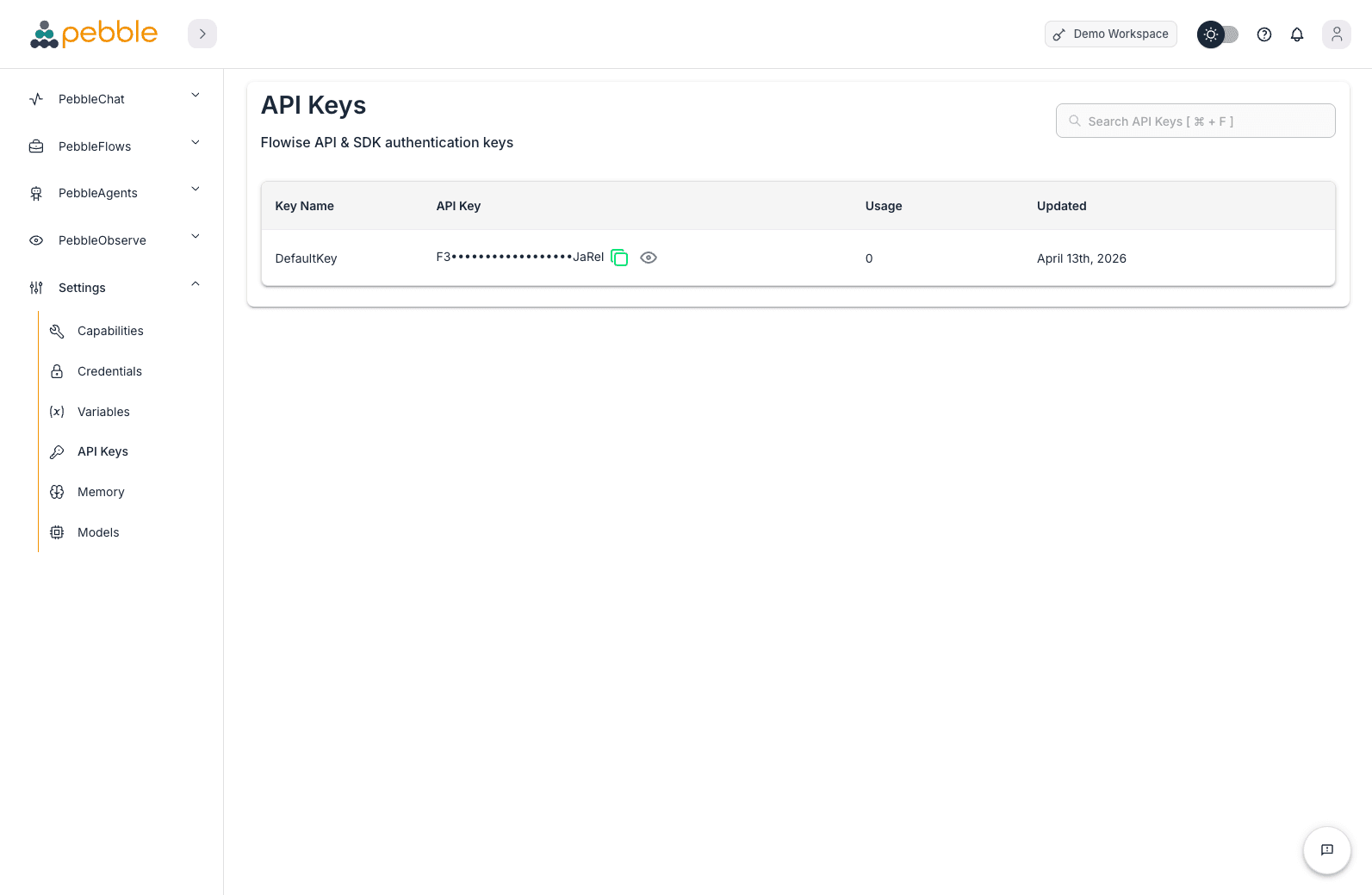 API Keys page