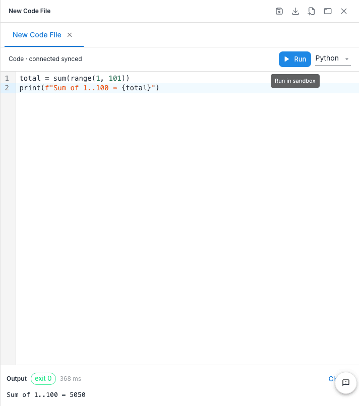 A Code canvas after a run — Output panel with the exit 0 chip