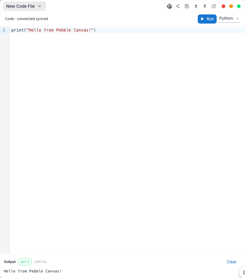 A Code canvas after a run — Output panel with the exit 0 chip