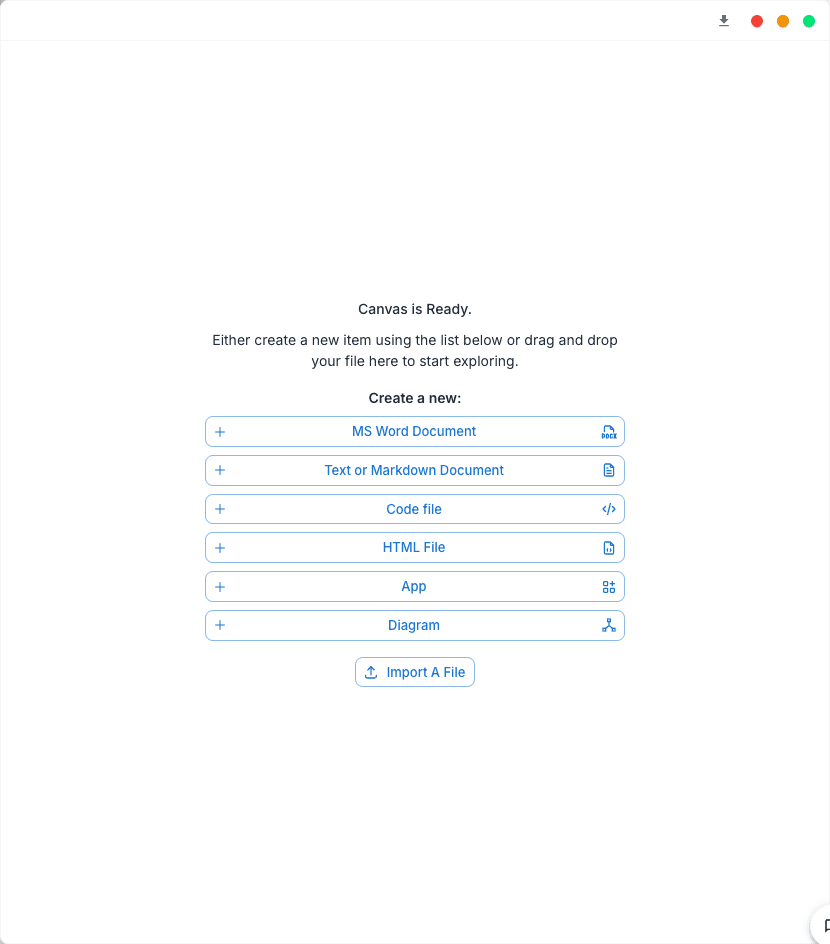 The Canvas empty state with six Create a new options and Import A File
