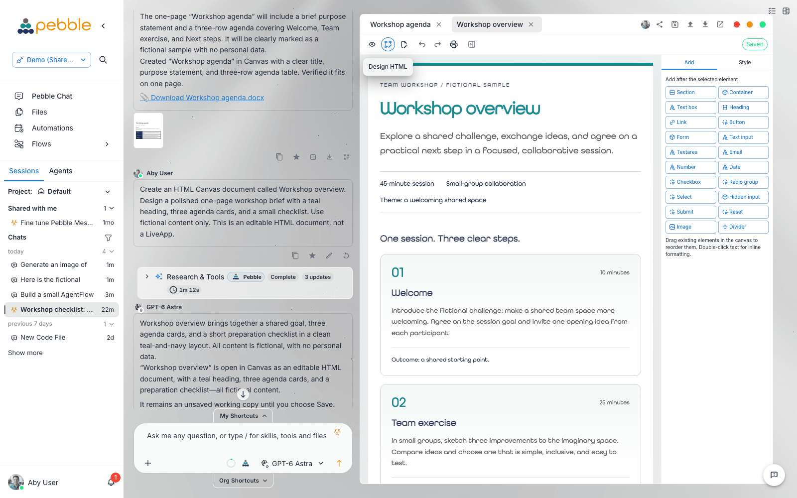 An HTML workshop document in Design mode with the design tools panel open