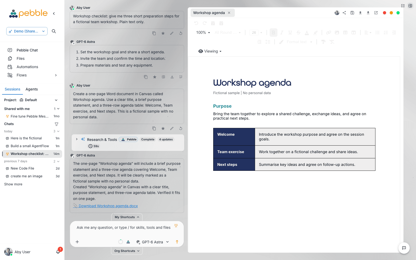 A Word agenda open in Canvas beside its conversation, with the tab strip and header controls visible