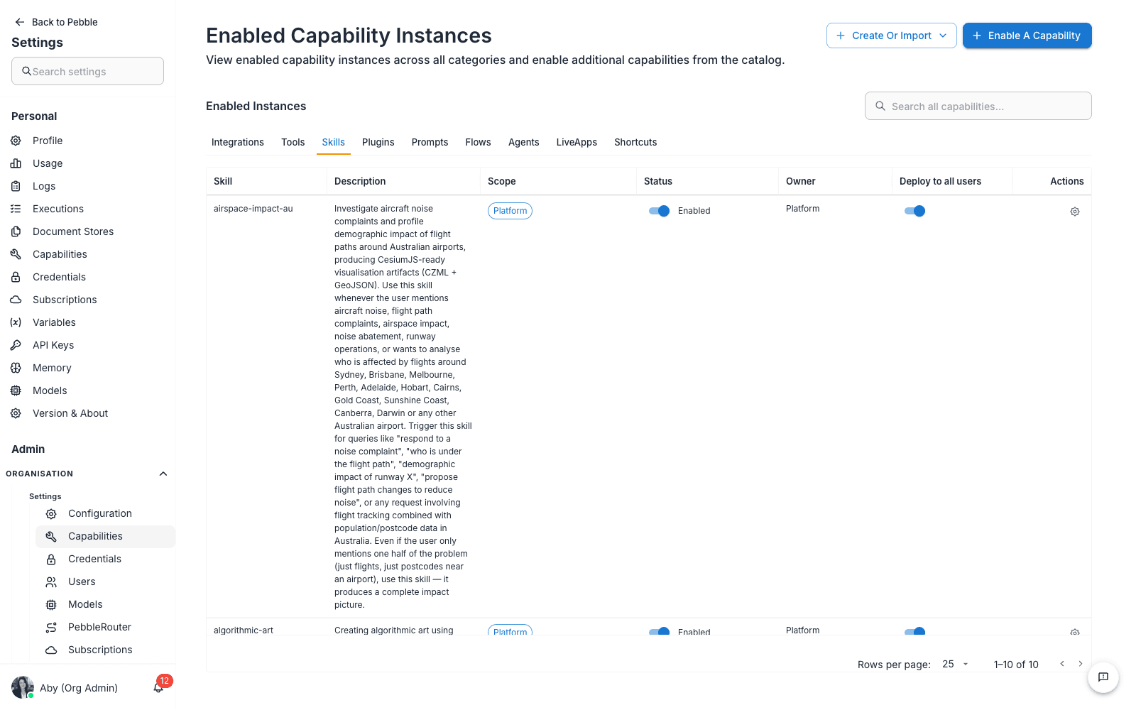 The Skills tab with the per-row Status and Deploy to all users toggles