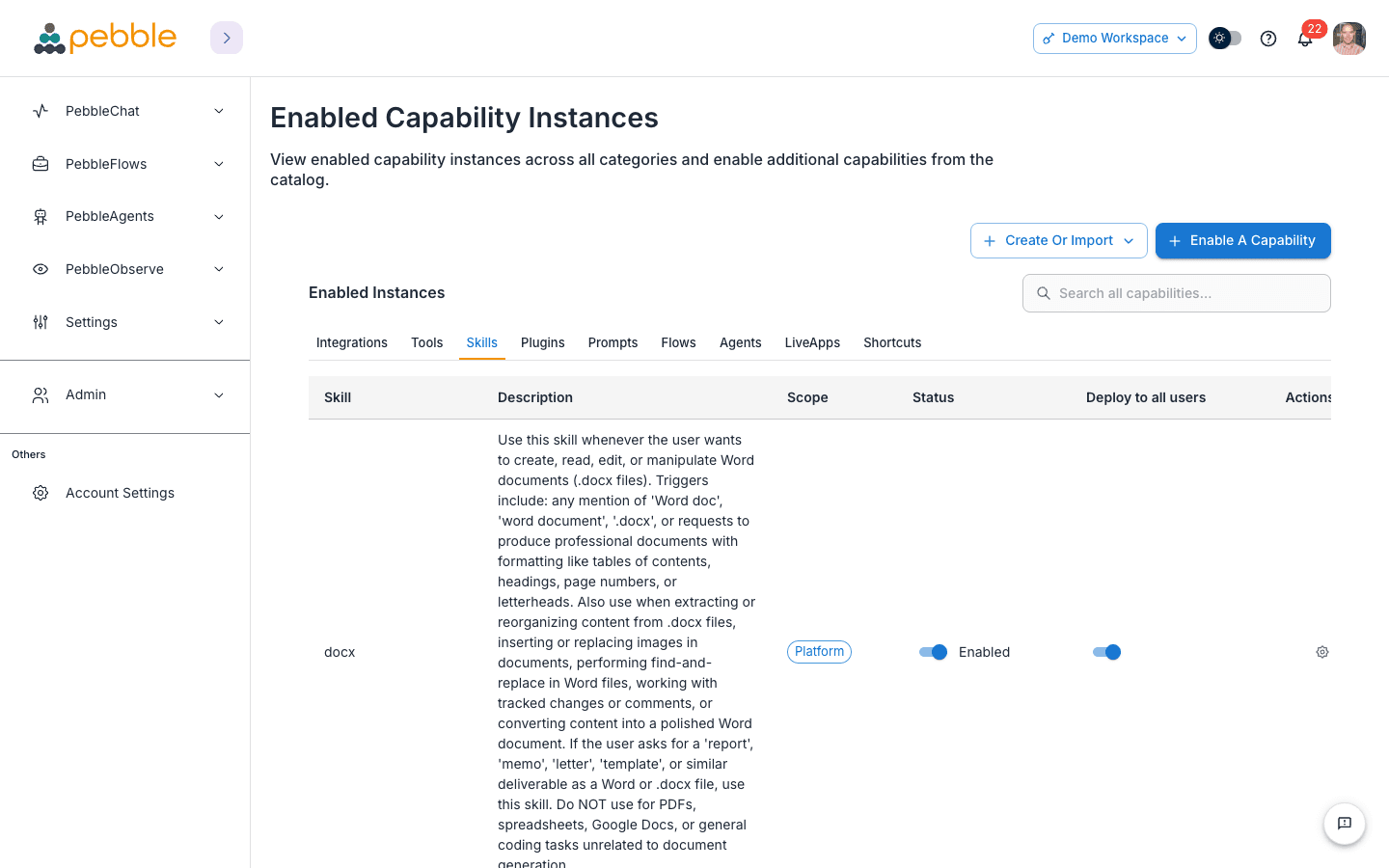The Skills tab with the per-row Status and Deploy to all users toggles