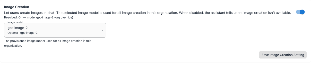 The Image Creation section in the organisation Chat Settings