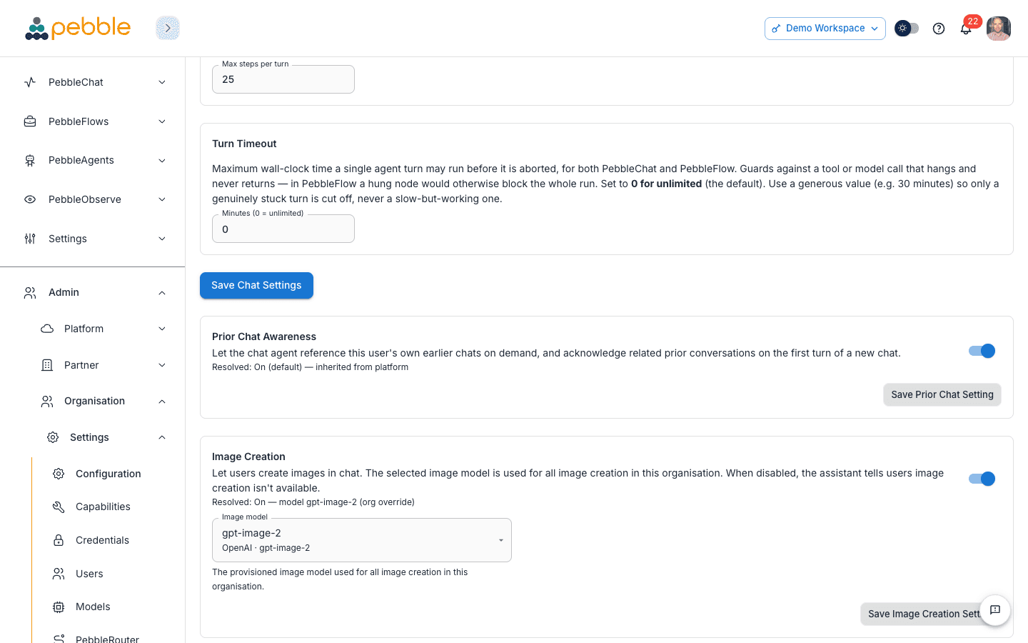 Chat Settings tab — Agent Step Budget and Turn Timeout