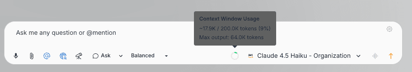 Context window usage tooltip showing 4.2K / 200.0K tokens (2%), Max output: 64.0K tokens