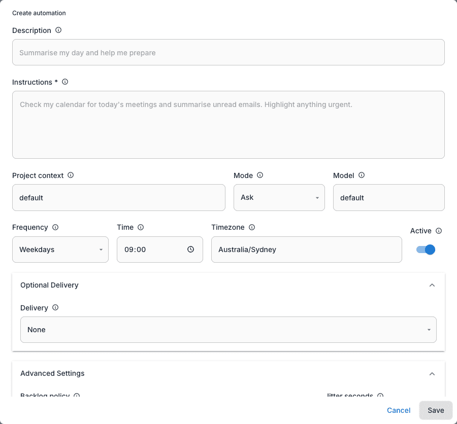 The Create automation dialog with Delivery and Advanced Settings expanded