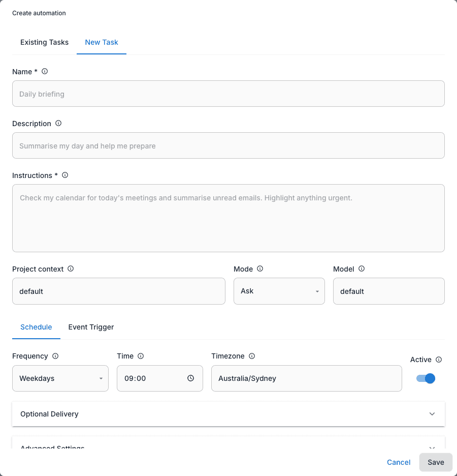 The Create automation dialog showing New Task fields and schedule settings