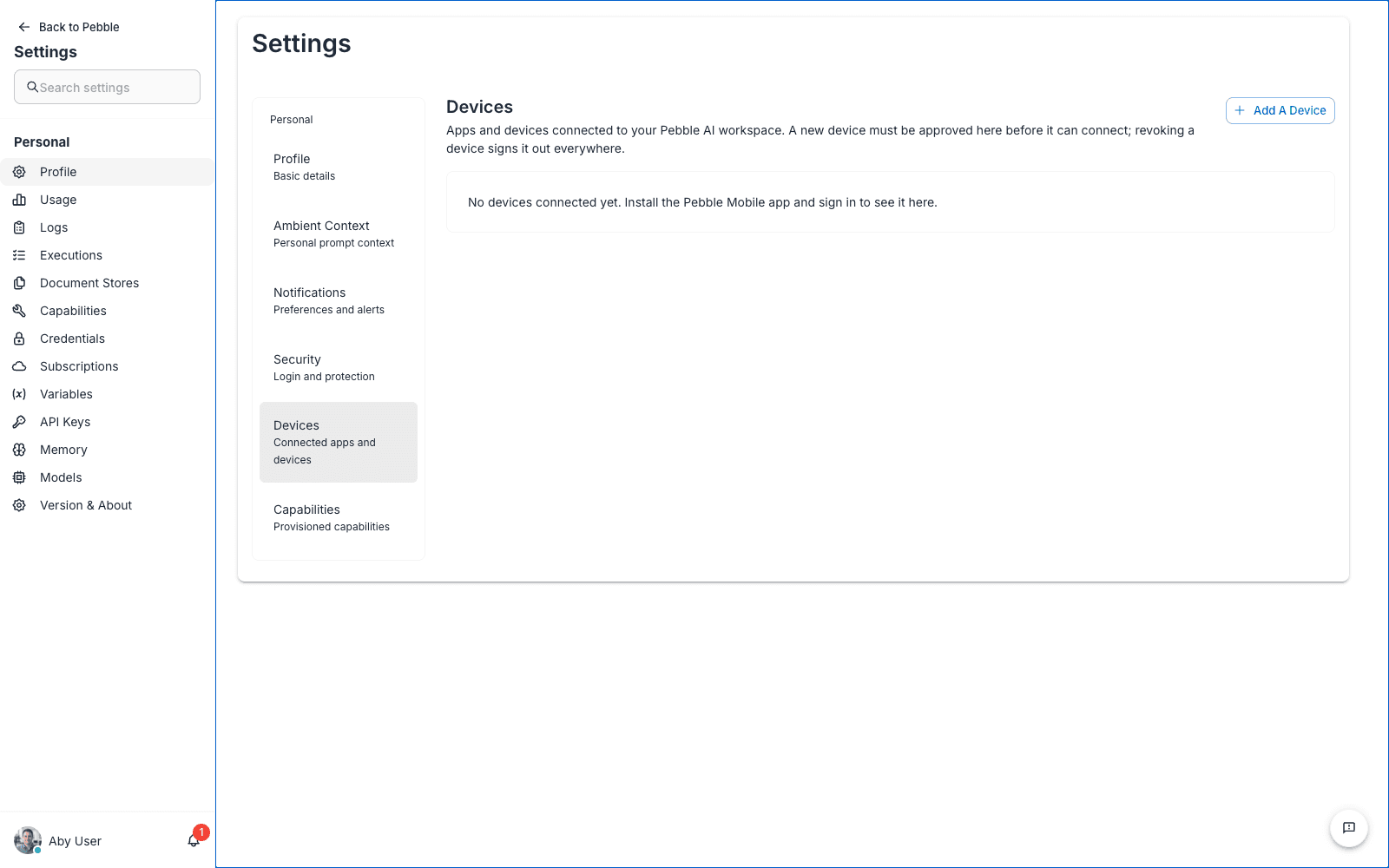 The Devices page for managing connected devices