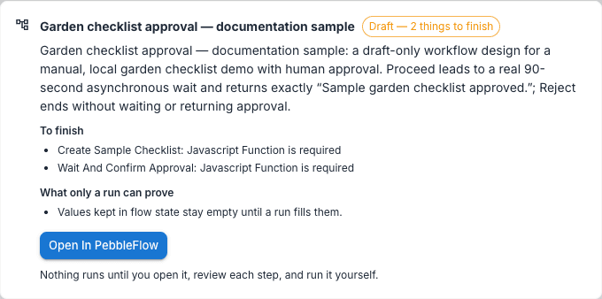A generated draft flow card showing two setup items to finish and the Open in Flows button