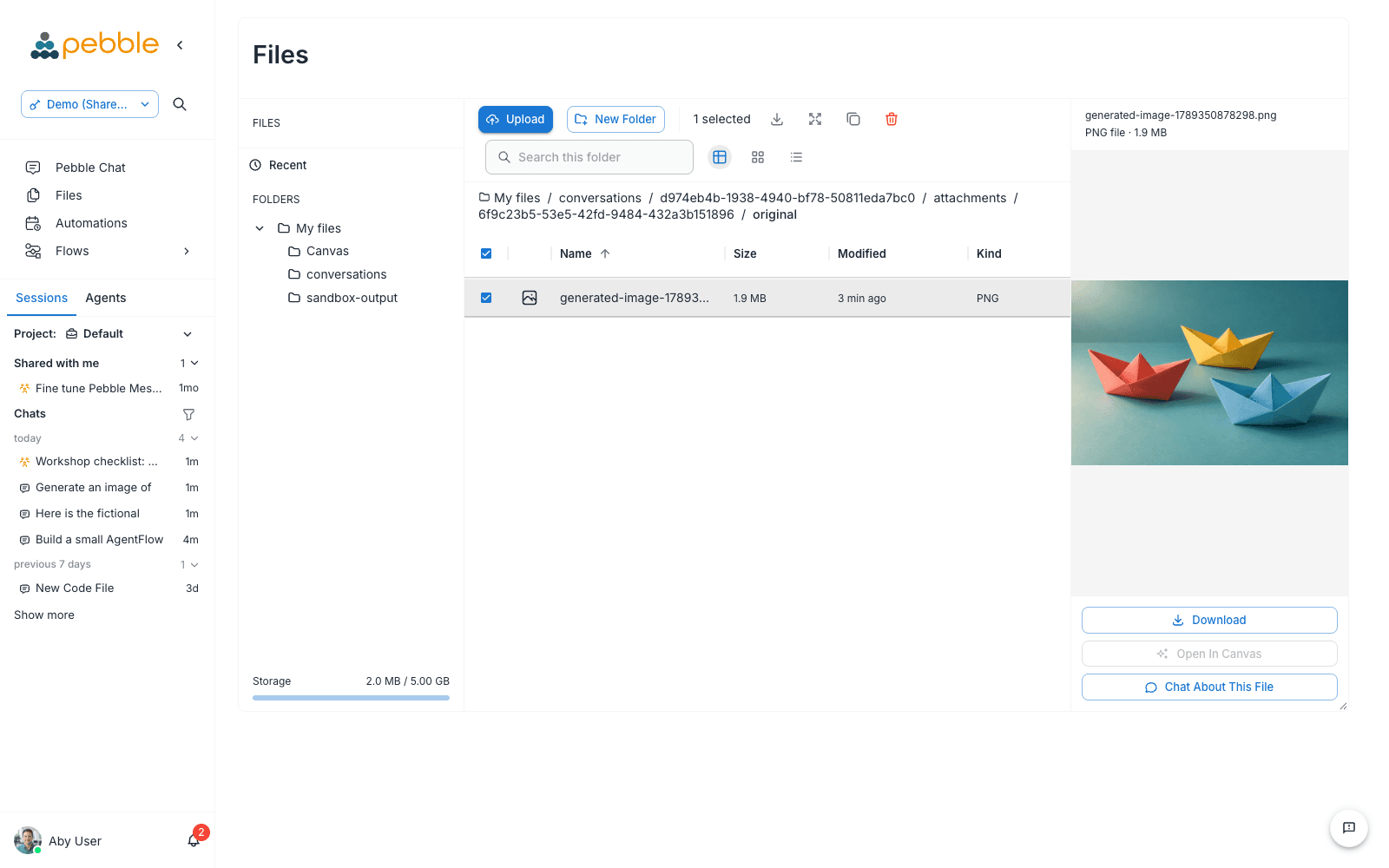 The Files page showing a generated paper-boat image from a conversation, with its preview and file details