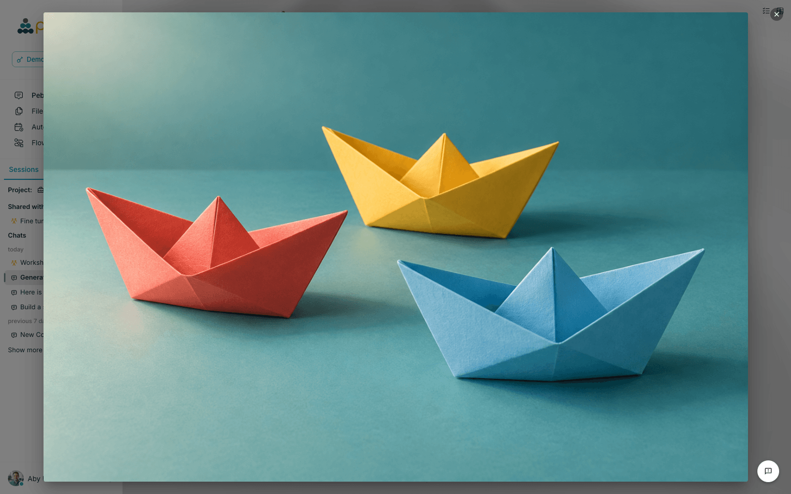 A generated paper-boat image open in the image viewer, with its close button visible