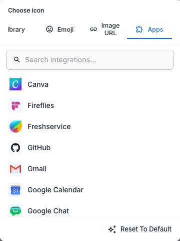 The icon chooser Apps tab with connected-app logos