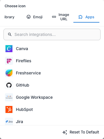 The icon chooser Apps tab with connected-app logos