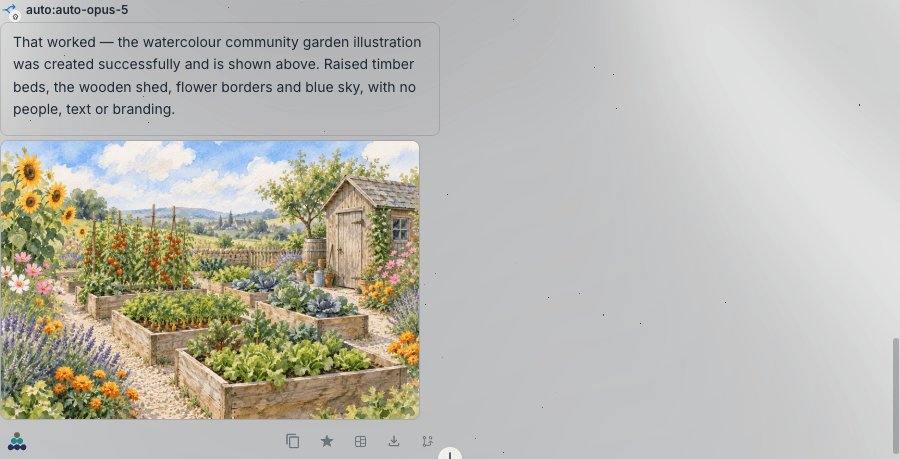 A finished generated image rendered inline in an assistant message bubble in a PebbleChat conversation