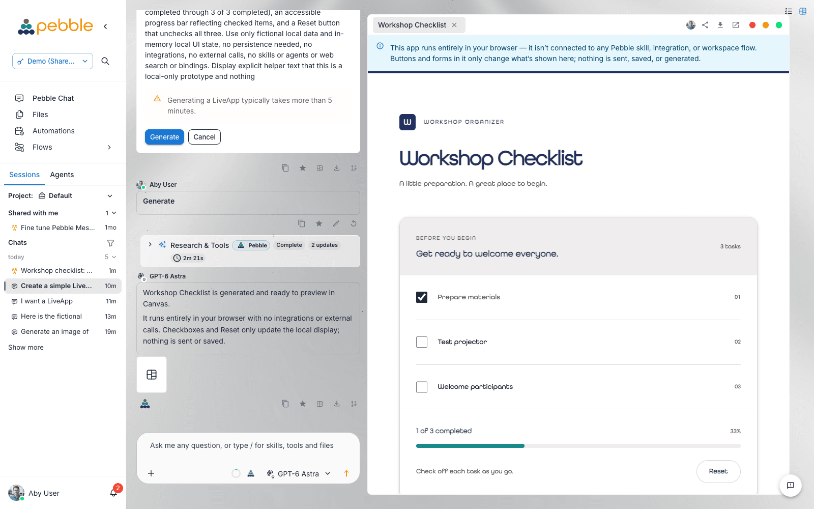 An interactive Workshop Checklist LiveApp open in Canvas beside its conversation