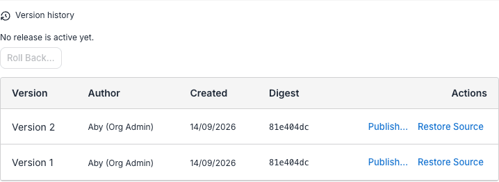 LiveApp Version history showing two saved versions, Publish actions, and Roll back disabled until a release is active