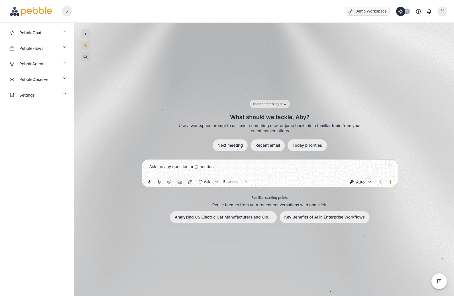 PebbleChat landing page with starter prompts