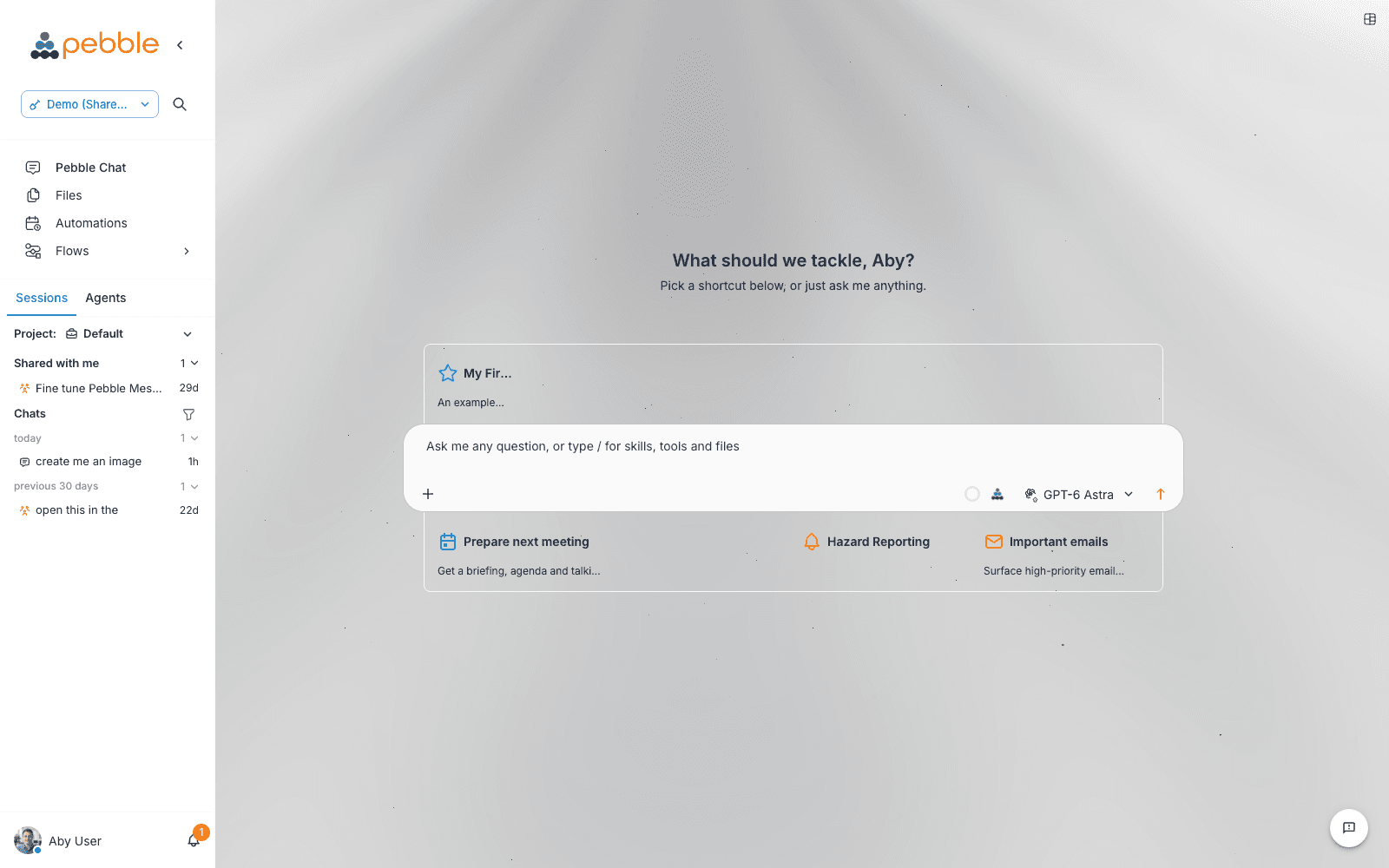 PebbleChat landing page with shortcut tiles