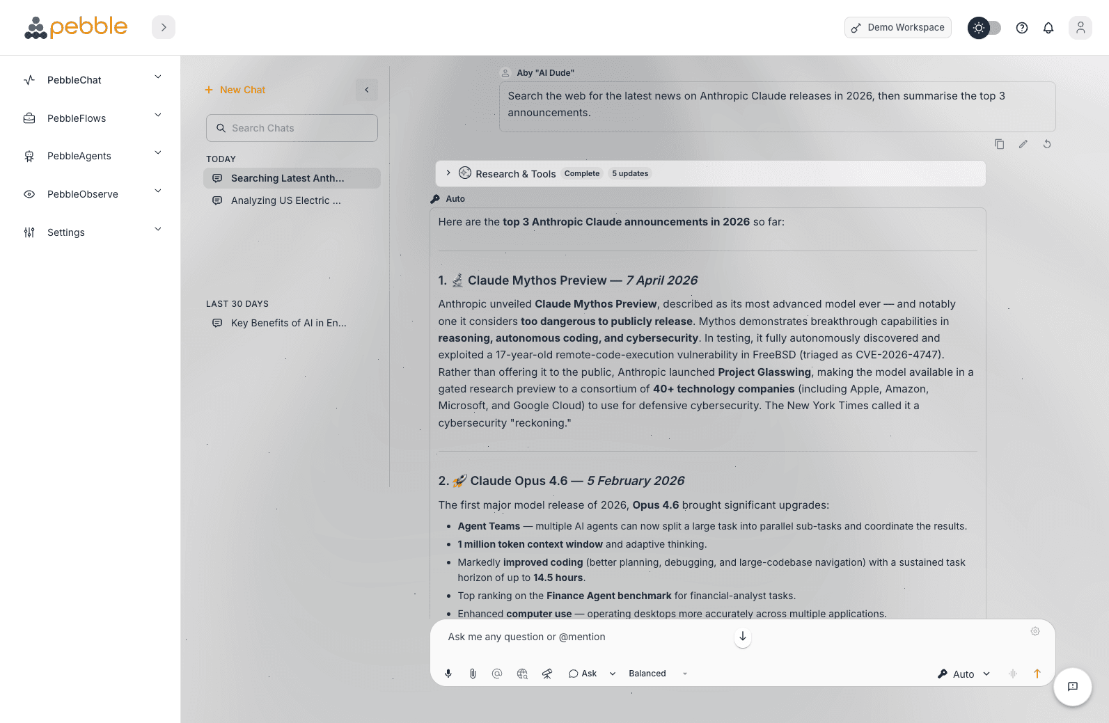 PebbleChat conversation with Research & Tools activity and rich markdown response
