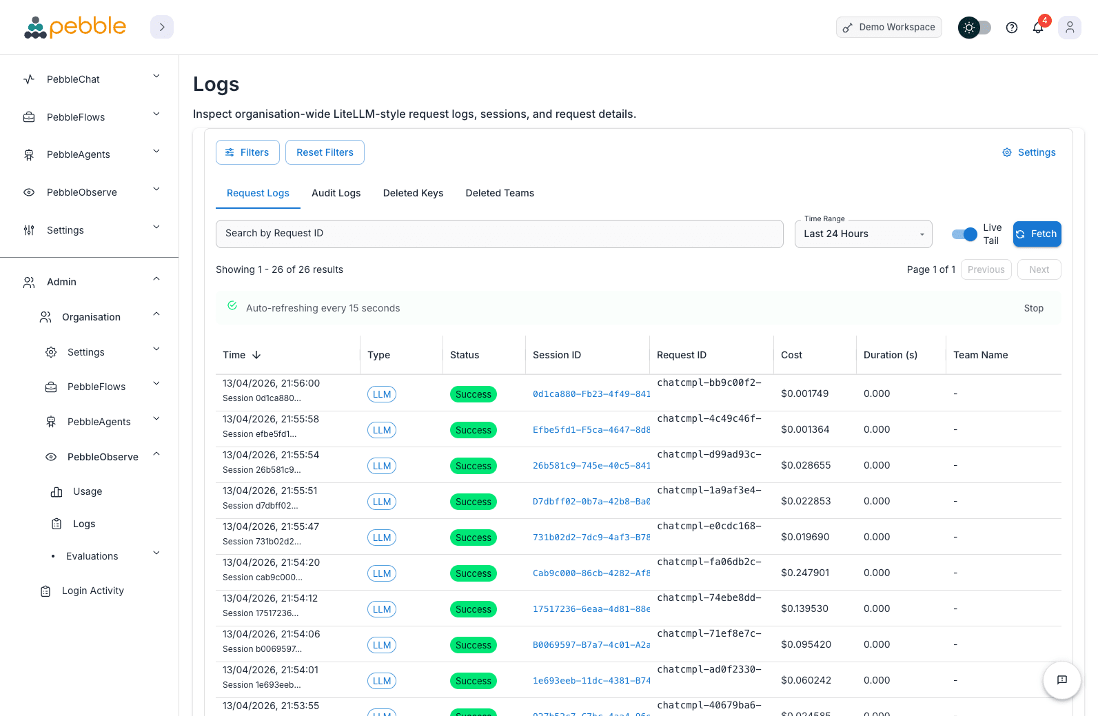 PebbleObserve Logs page