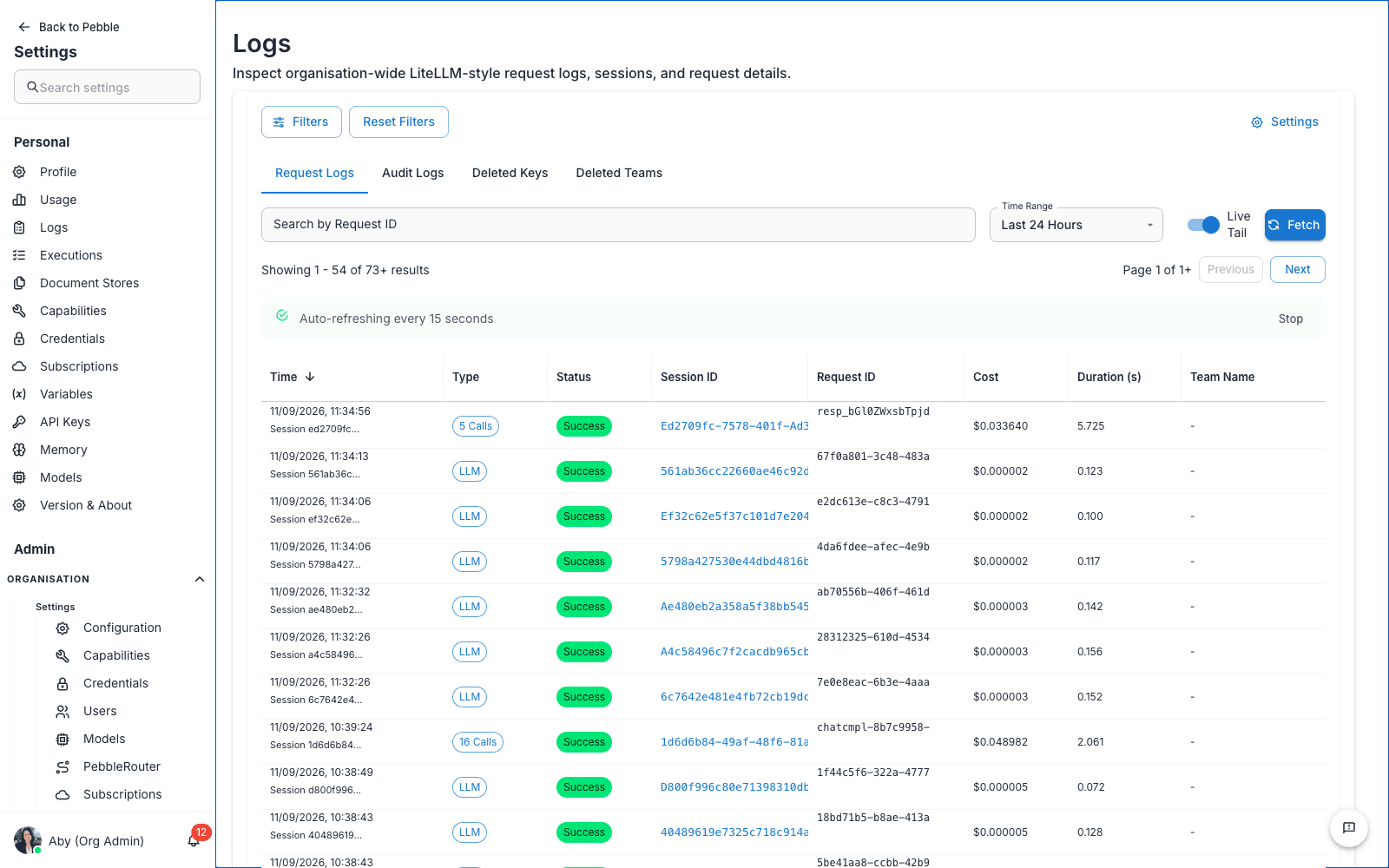 PebbleObserve Logs page