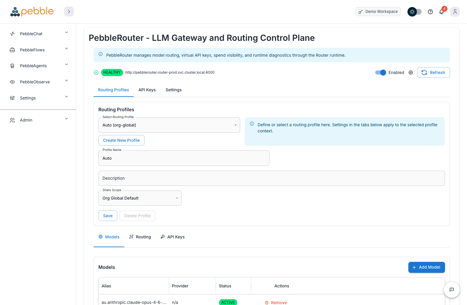 PebbleRouter — Routing Profiles tab