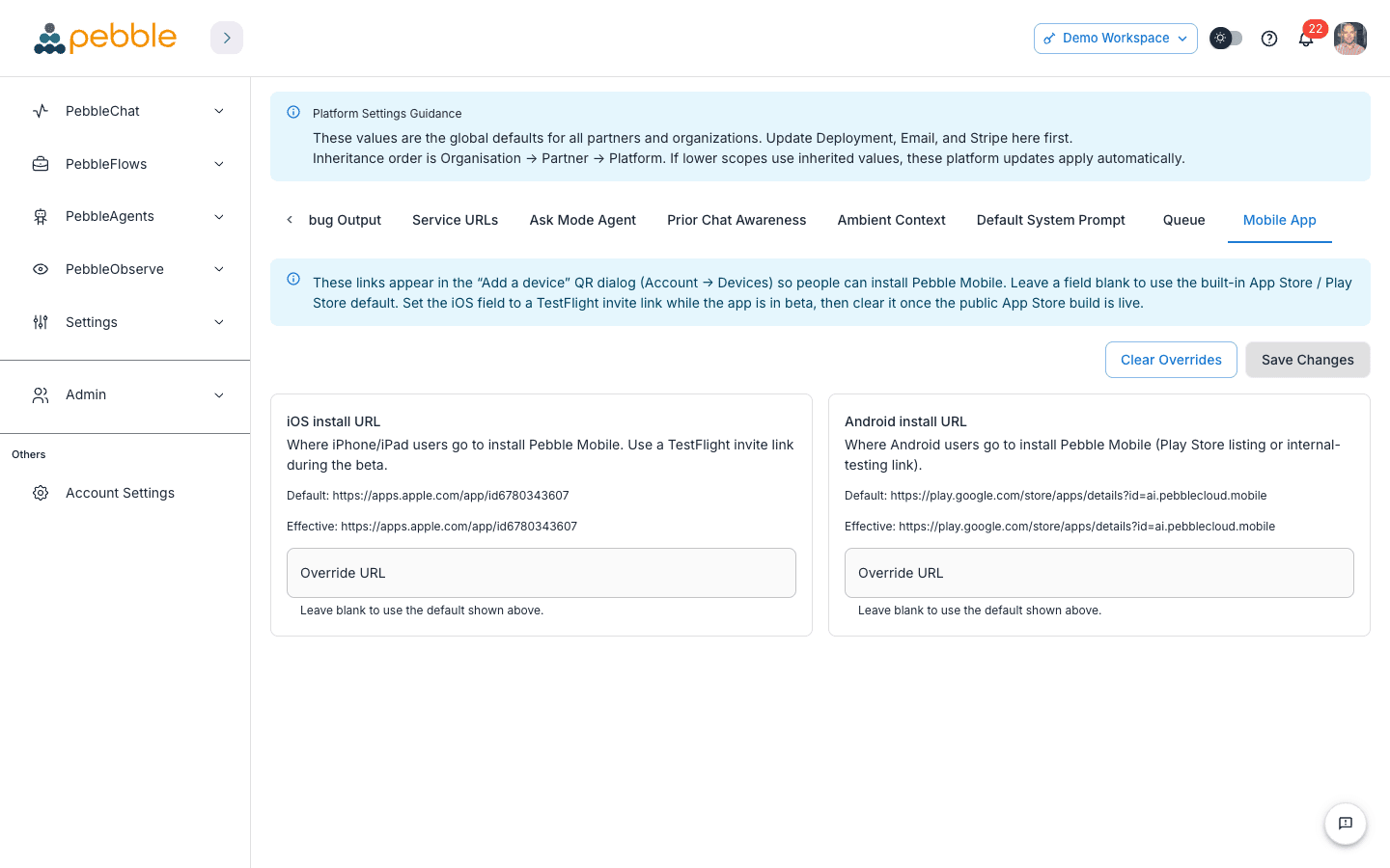 The Platform Admin Mobile App tab with install URL overrides