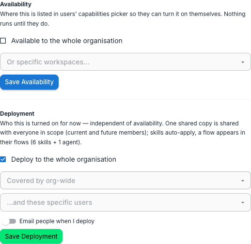 Plugin availability and deployment controls with organisation, workspace, and user selectors