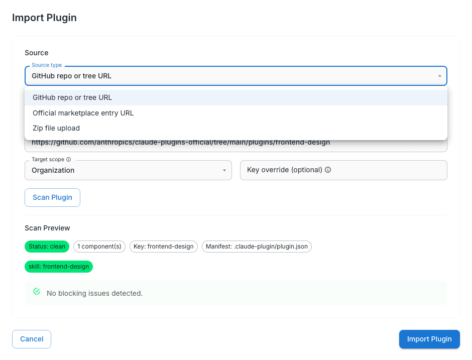 Import Plugin source choices and a clean scan preview with a skill component