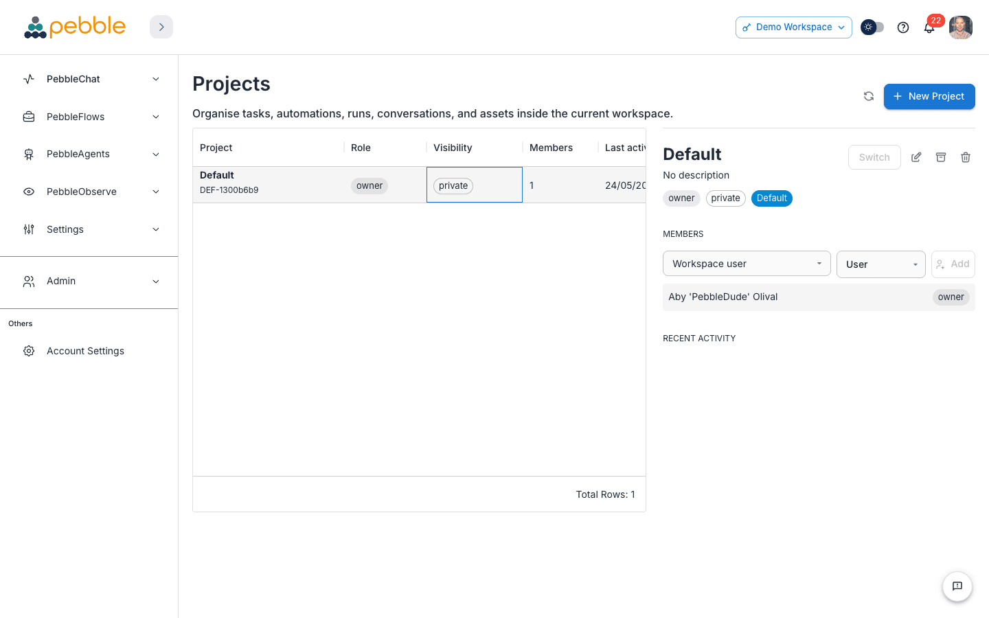 The Projects page with a selected project's detail panel