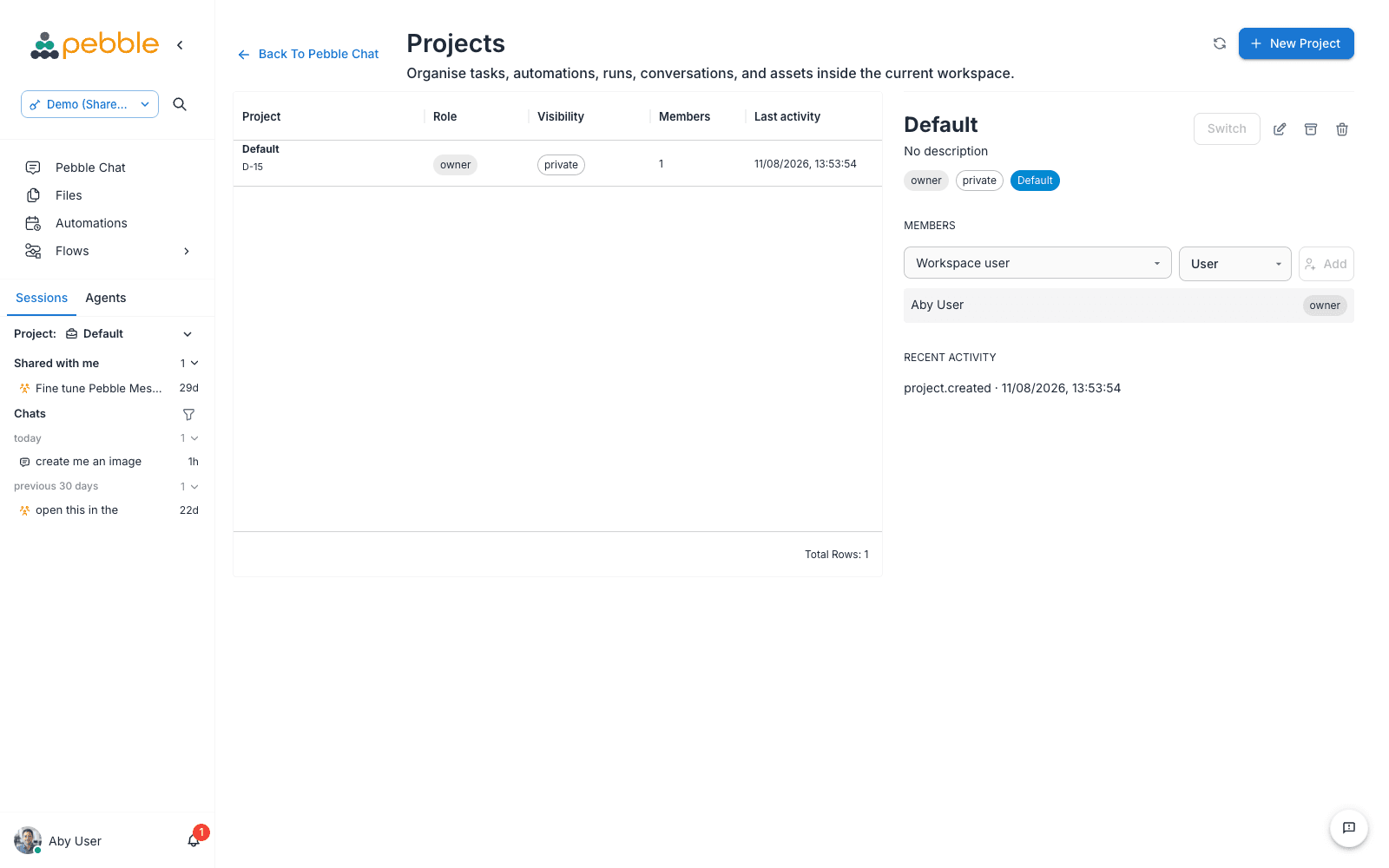 The Projects page with a selected project's detail panel