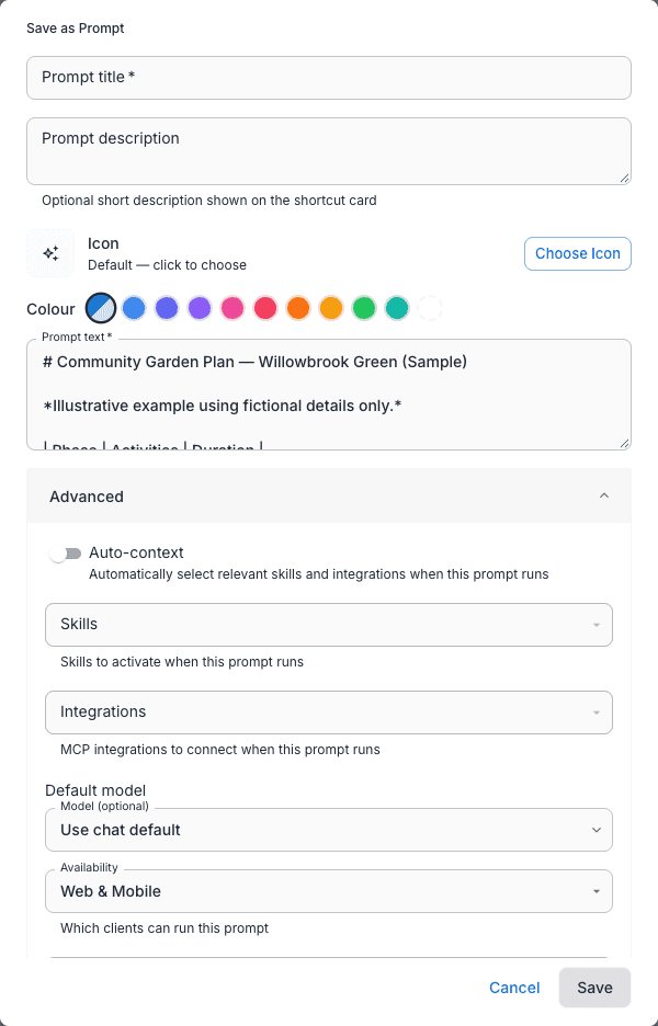 The Save as Prompt dialog with Advanced expanded