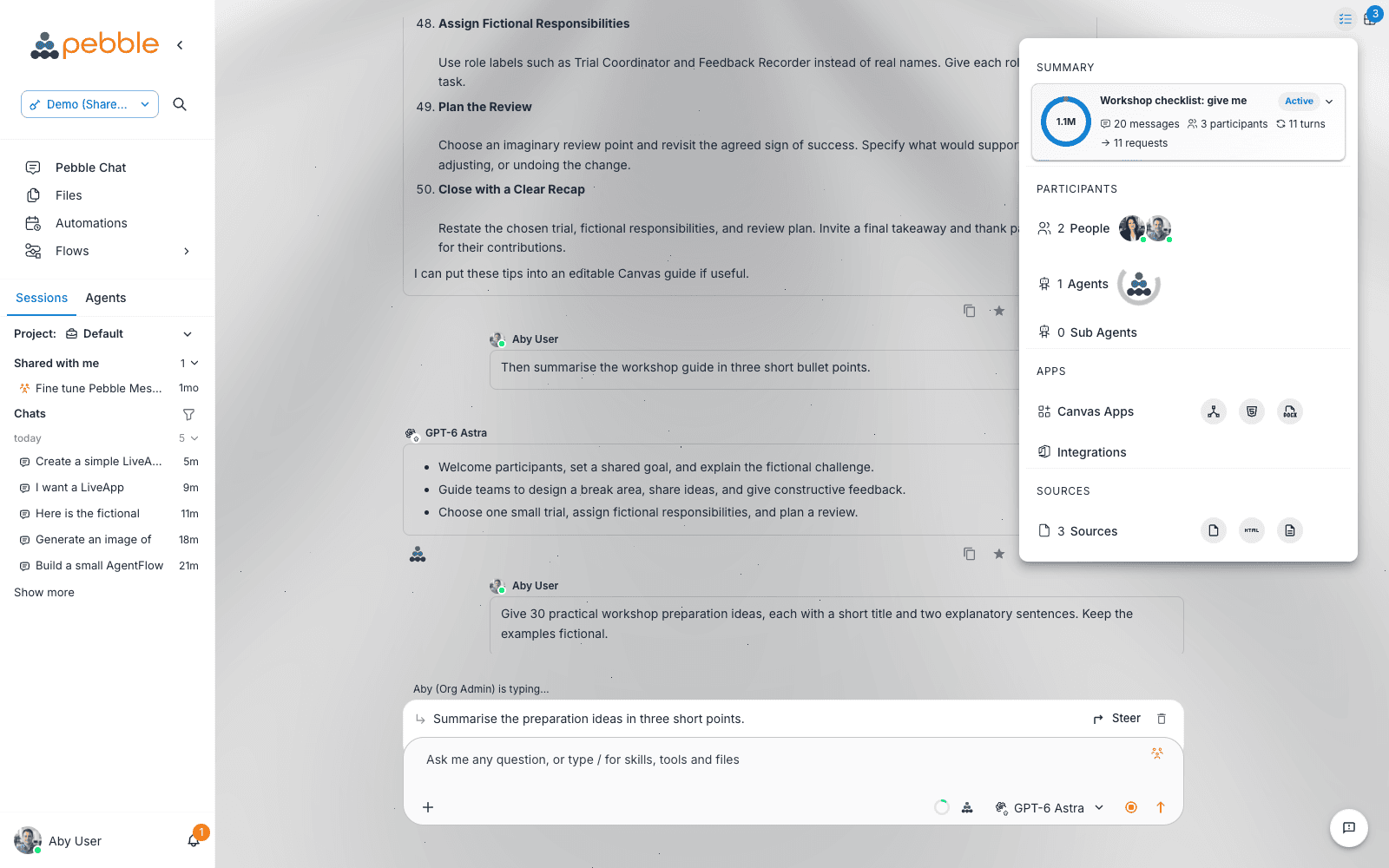 A shared conversation with a participant typing, a queued request above the composer, and the Conversation pulse panel open