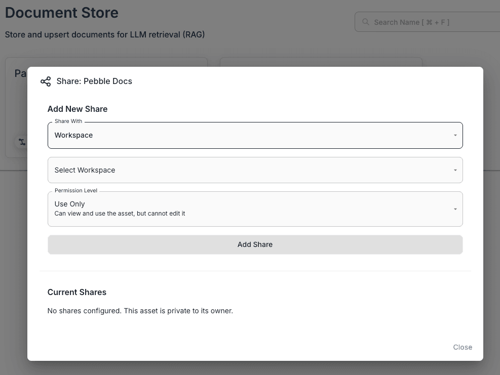 Document Store sharing dialog