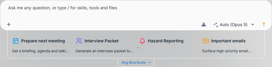 The expanded Org Shortcuts tray below the composer