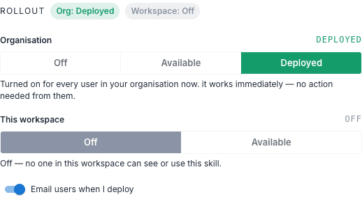 Skill catalogue detail — the Rollout ladder with Organisation and This workspace rows