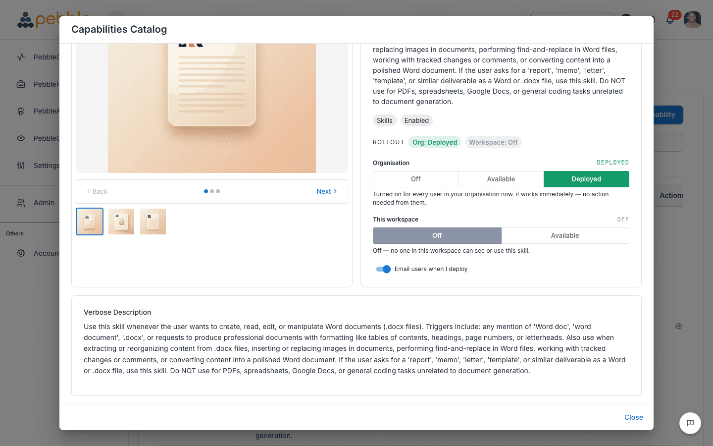 Skill catalogue detail — the Rollout ladder with Organisation and This workspace rows