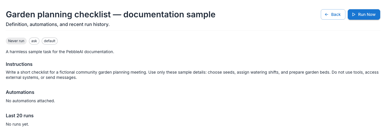 A sample task detail page showing status chips, Instructions, Automations, and Last 20 runs