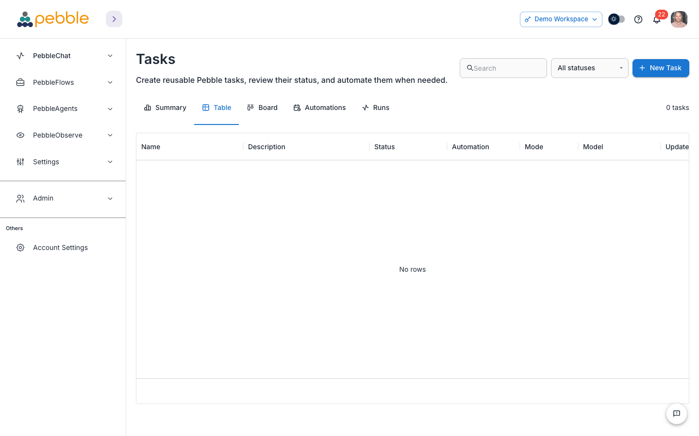 The Tasks page Table tab