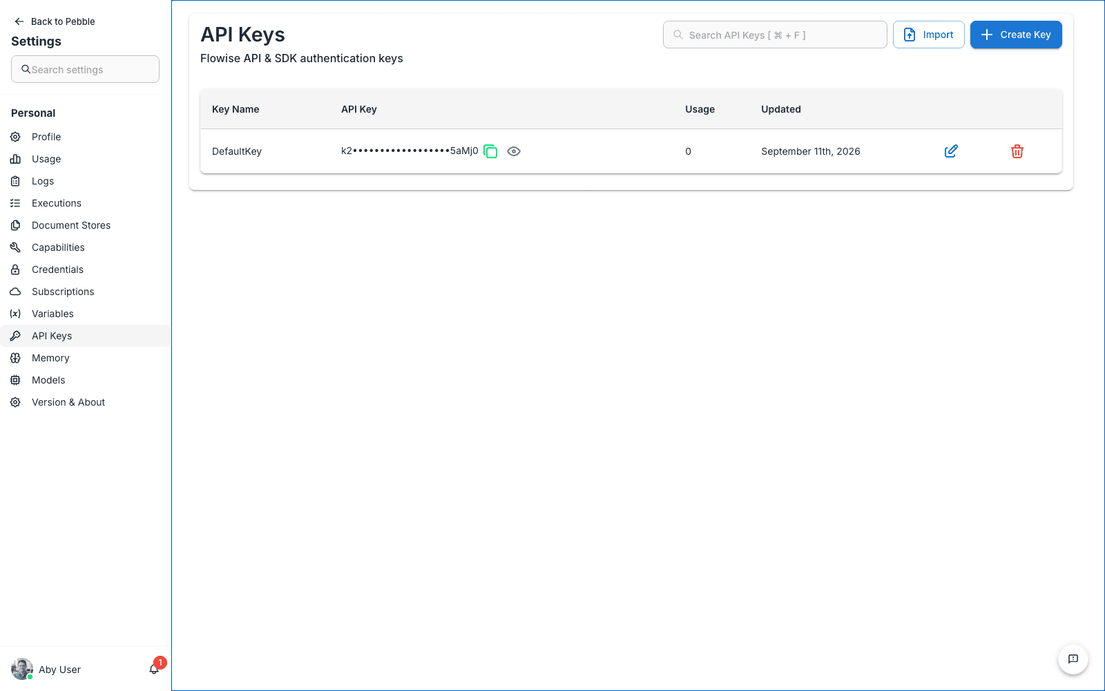API Keys page