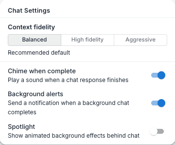 The Chat Settings popover with the Context fidelity control