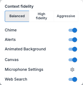 The Chat Settings popover with the Context fidelity control