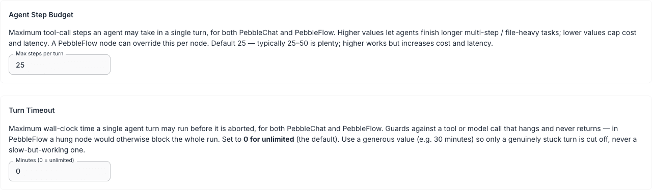 Chat Settings tab — Agent Step Budget and Turn Timeout